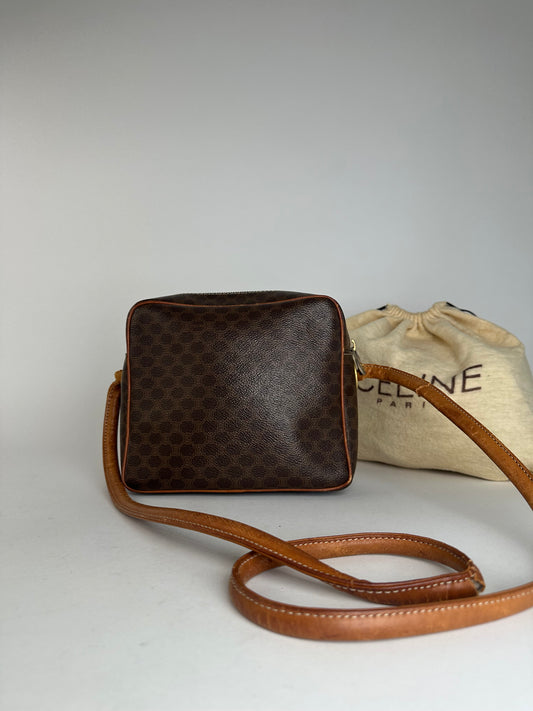 Vintage Celine Paris Triomphe Monogram Leather Shoulder Bag Brown