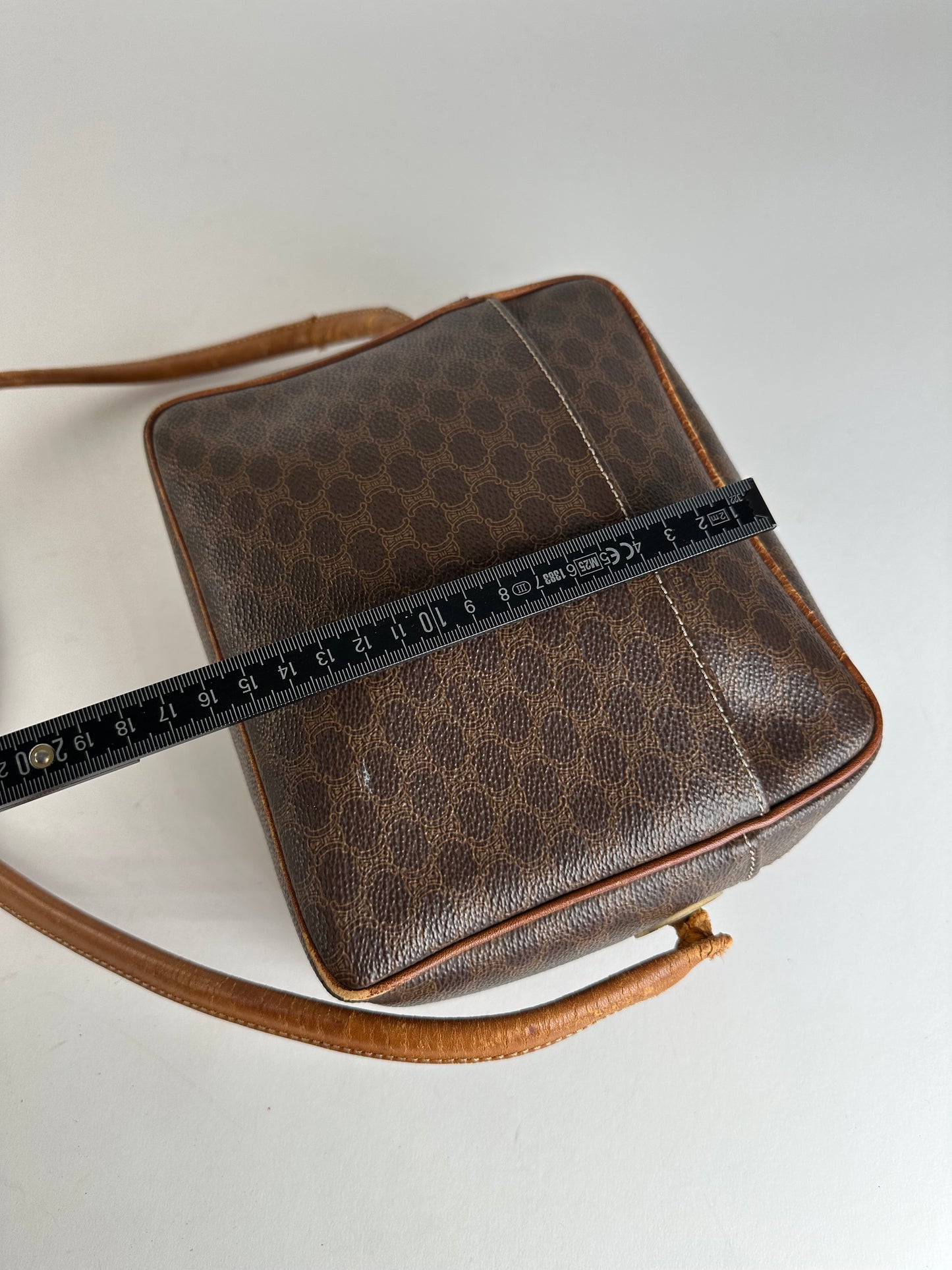 Vintage Celine Paris Triomphe Monogram Leather Shoulder Bag Brown