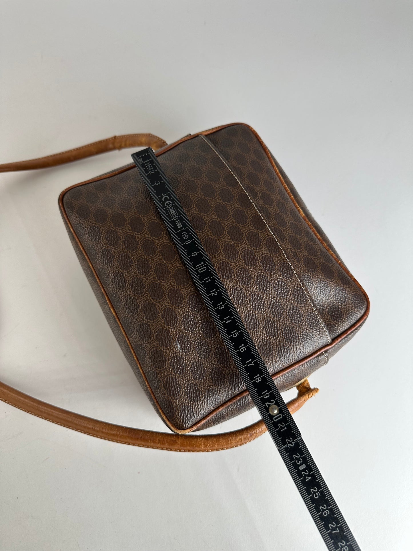 Vintage Celine Paris Triomphe Monogram Leather Shoulder Bag Brown