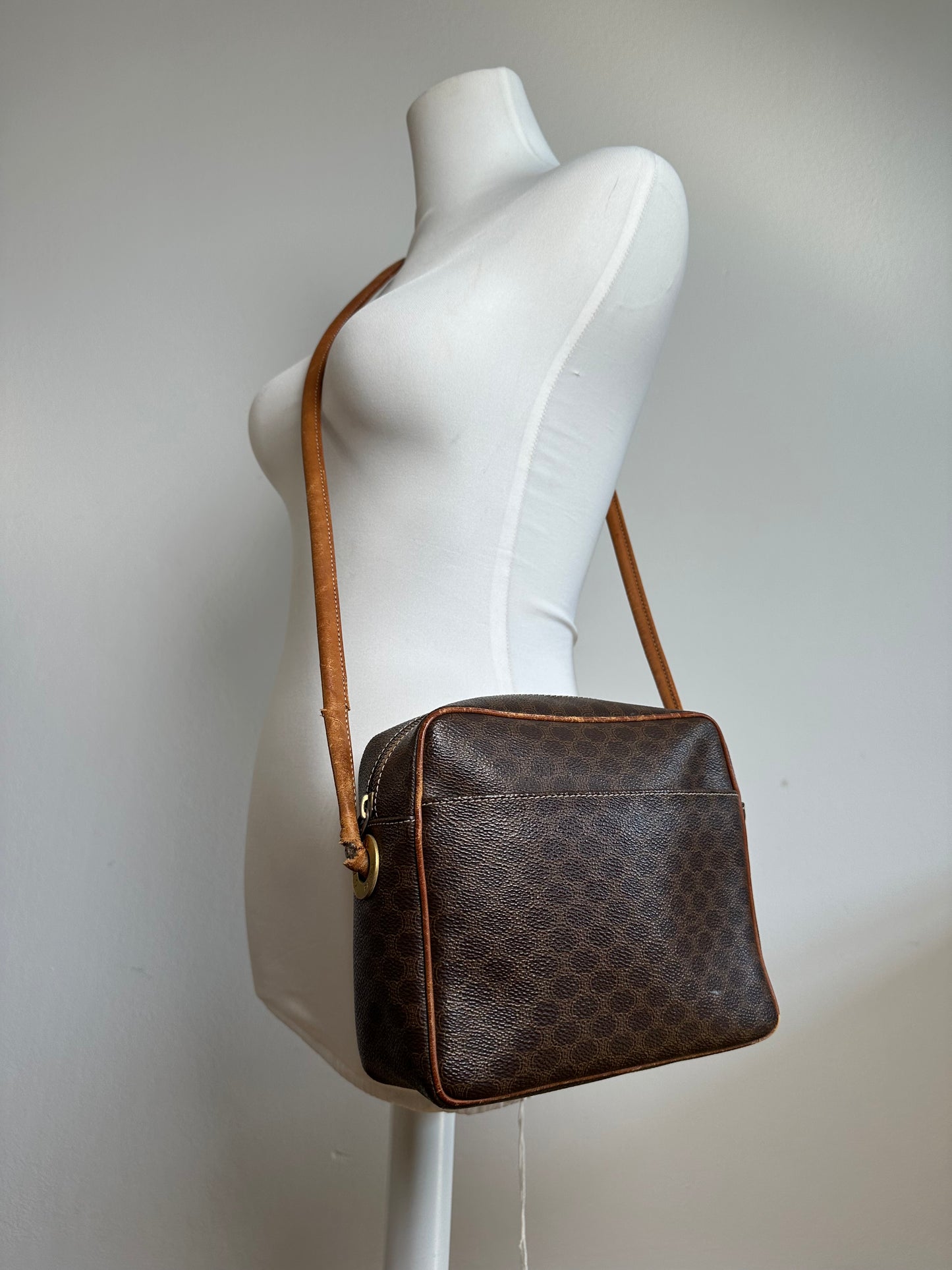 Vintage Celine Paris Triomphe Monogram Leather Shoulder Bag Brown