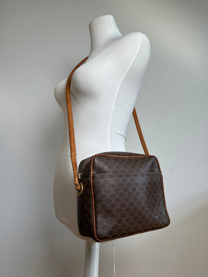 Vintage Celine Paris Triomphe Monogram Leather Shoulder Bag Brown