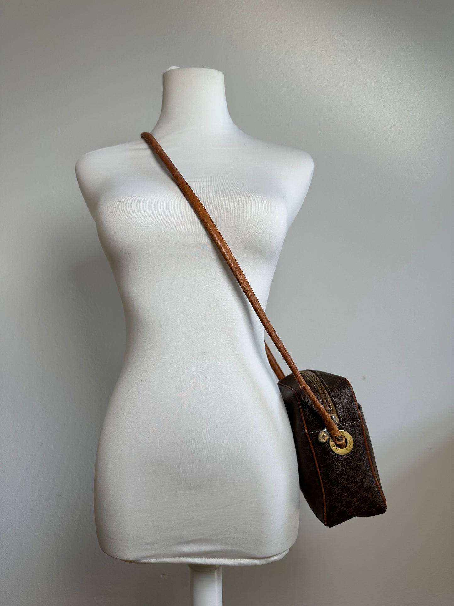 Vintage Celine Paris Triomphe Monogram Leather Shoulder Bag Brown