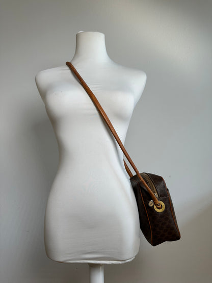 Vintage Celine Paris Triomphe Monogram Leather Shoulder Bag Brown