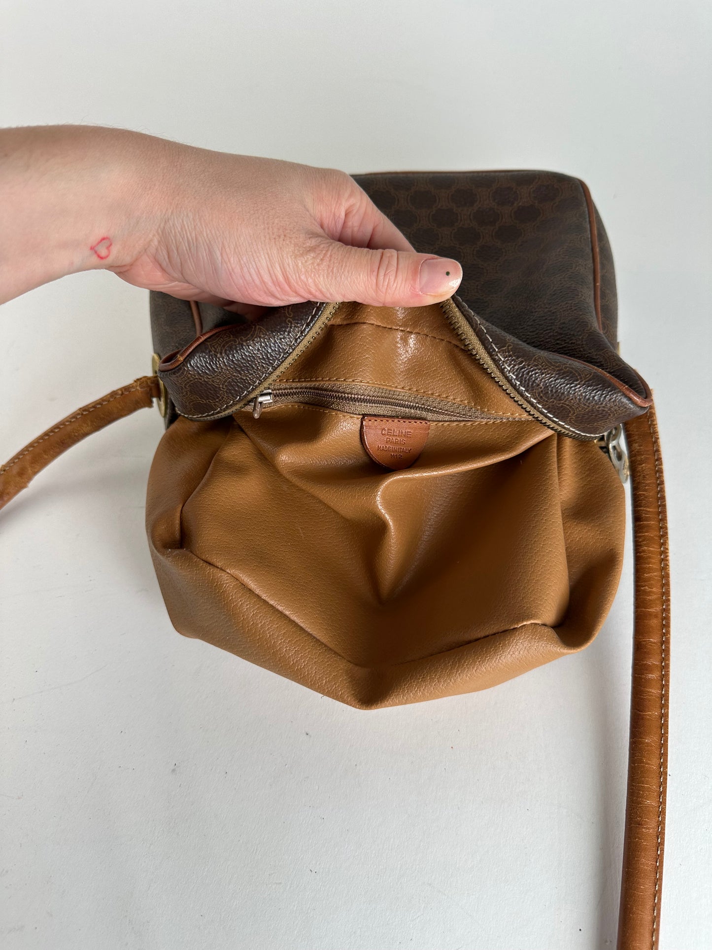 Vintage Celine Paris Triomphe Monogram Leather Shoulder Bag Brown