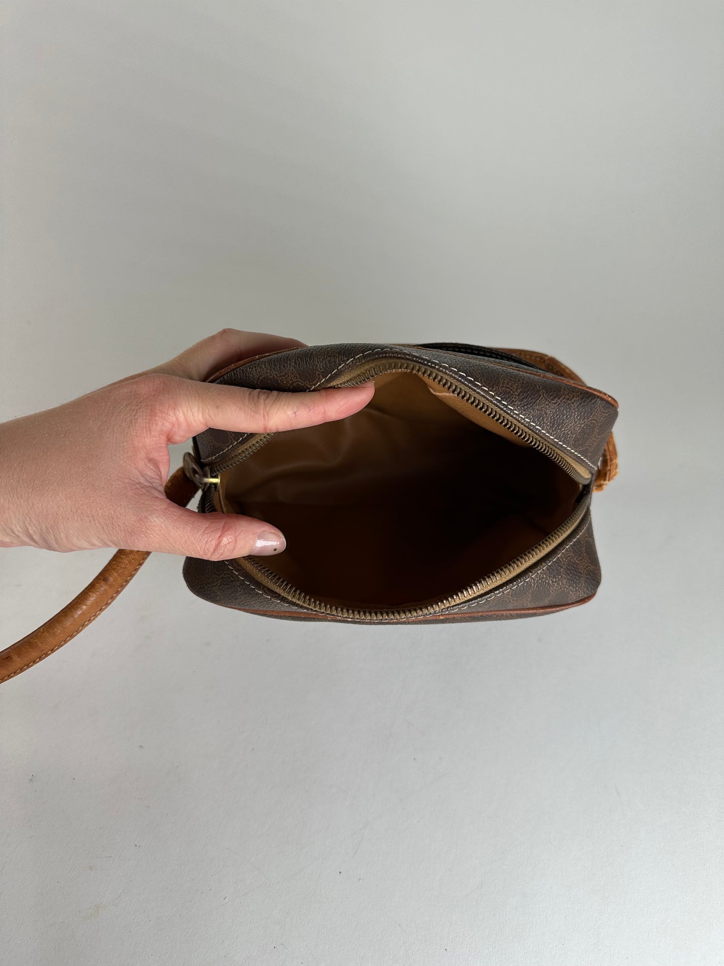 Vintage Celine Paris Triomphe Monogram Leather Shoulder Bag Brown