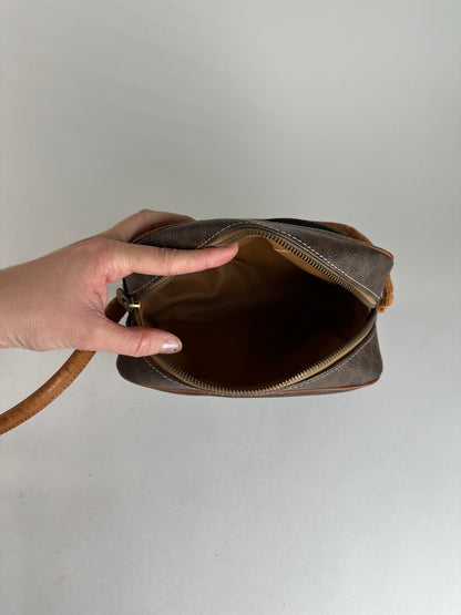 Vintage Celine Paris Triomphe Monogram Leather Shoulder Bag Brown