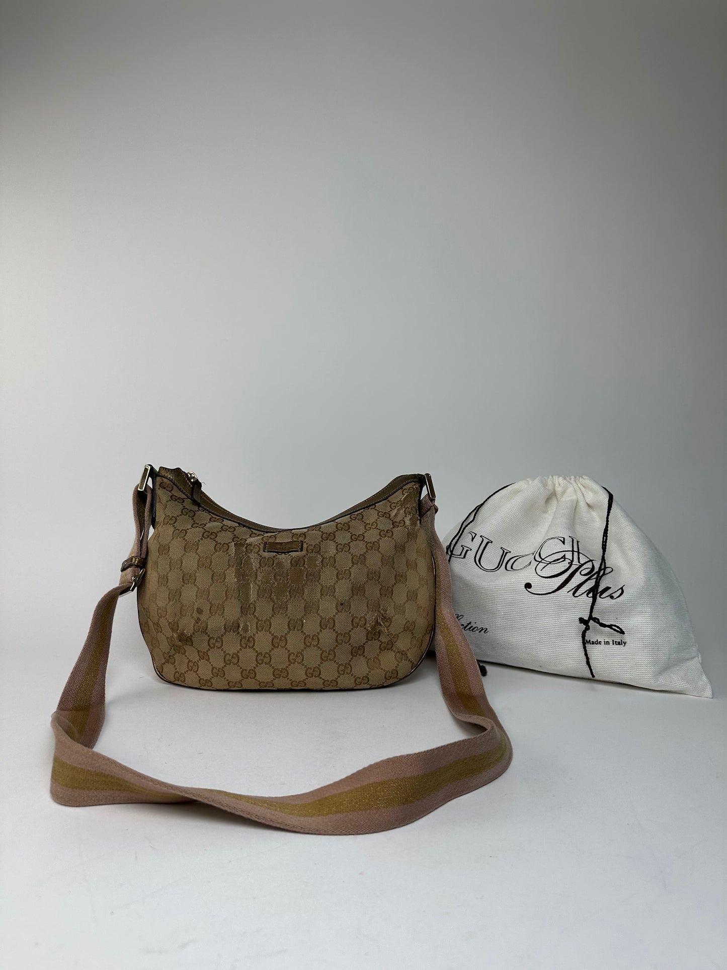 Vintage Gucci Croissant Canvas Monogram Multiway Bag Gold Beige