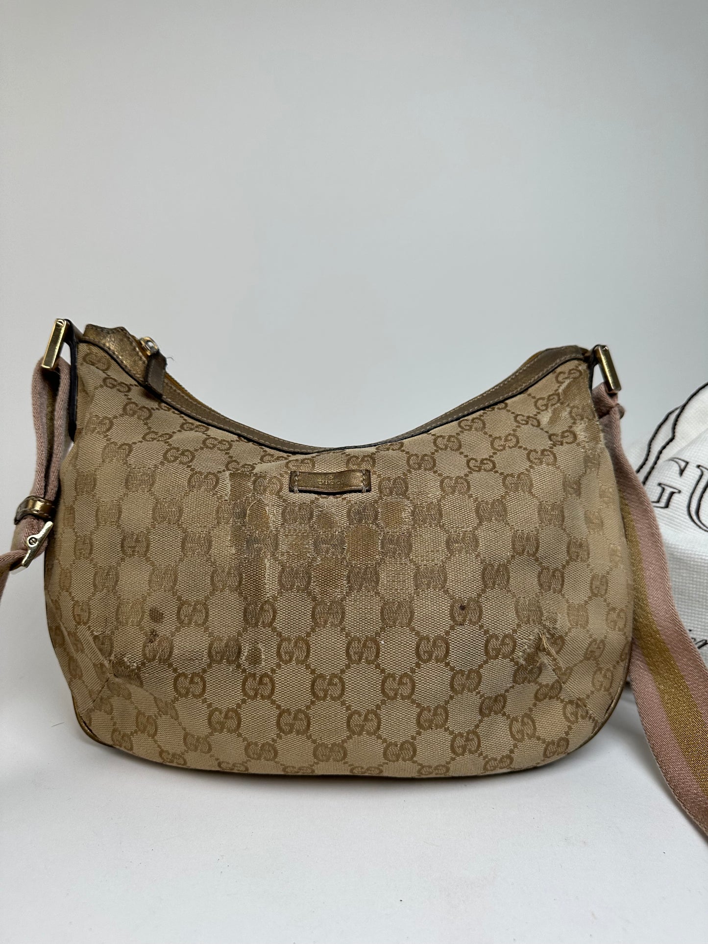 Vintage Gucci Croissant Canvas Monogram Multiway Bag Gold Beige