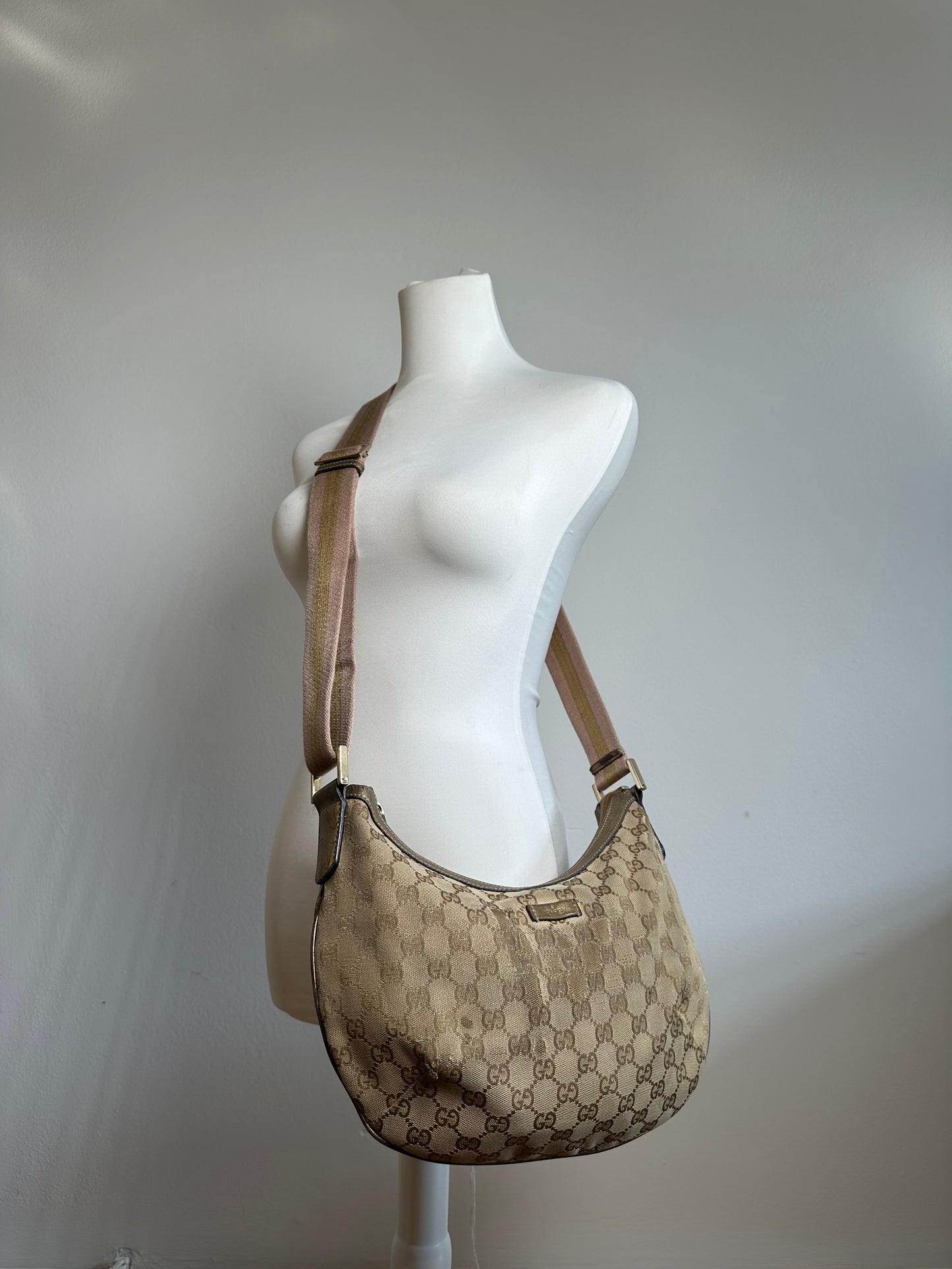 Vintage Gucci Croissant Canvas Monogram Multiway Bag Gold Beige