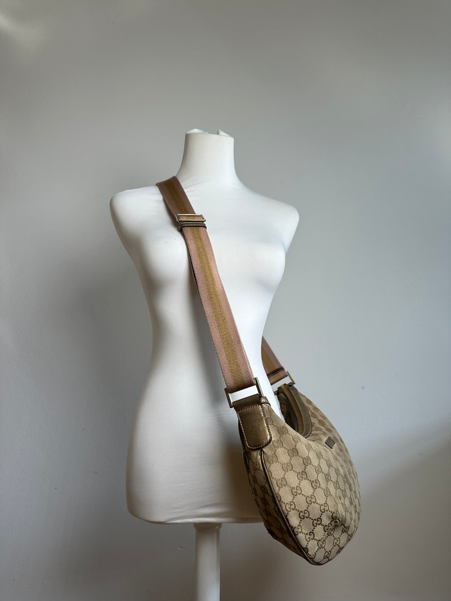Vintage Gucci Croissant Canvas Monogram Multiway Bag Gold Beige