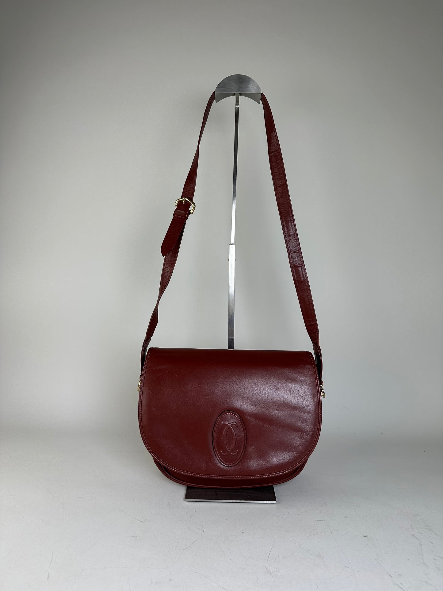 Vintage Cartier Leather Shoulder Bag Burgundy Gold