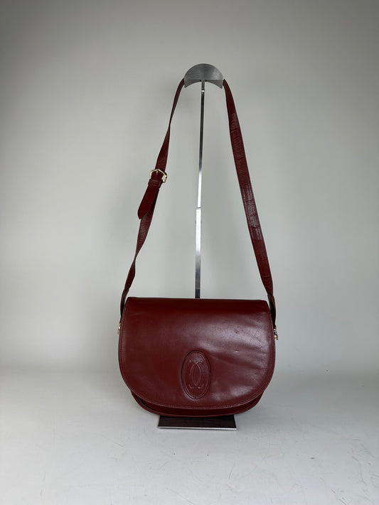 Vintage Cartier Leather Shoulder Bag Burgundy Gold