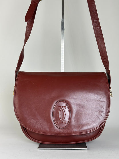 Vintage Cartier Leather Shoulder Bag Burgundy Gold