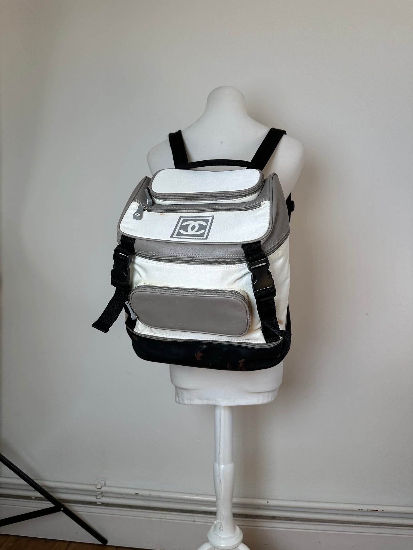 Vintage CHANEL Backpack Nylon Cream Black