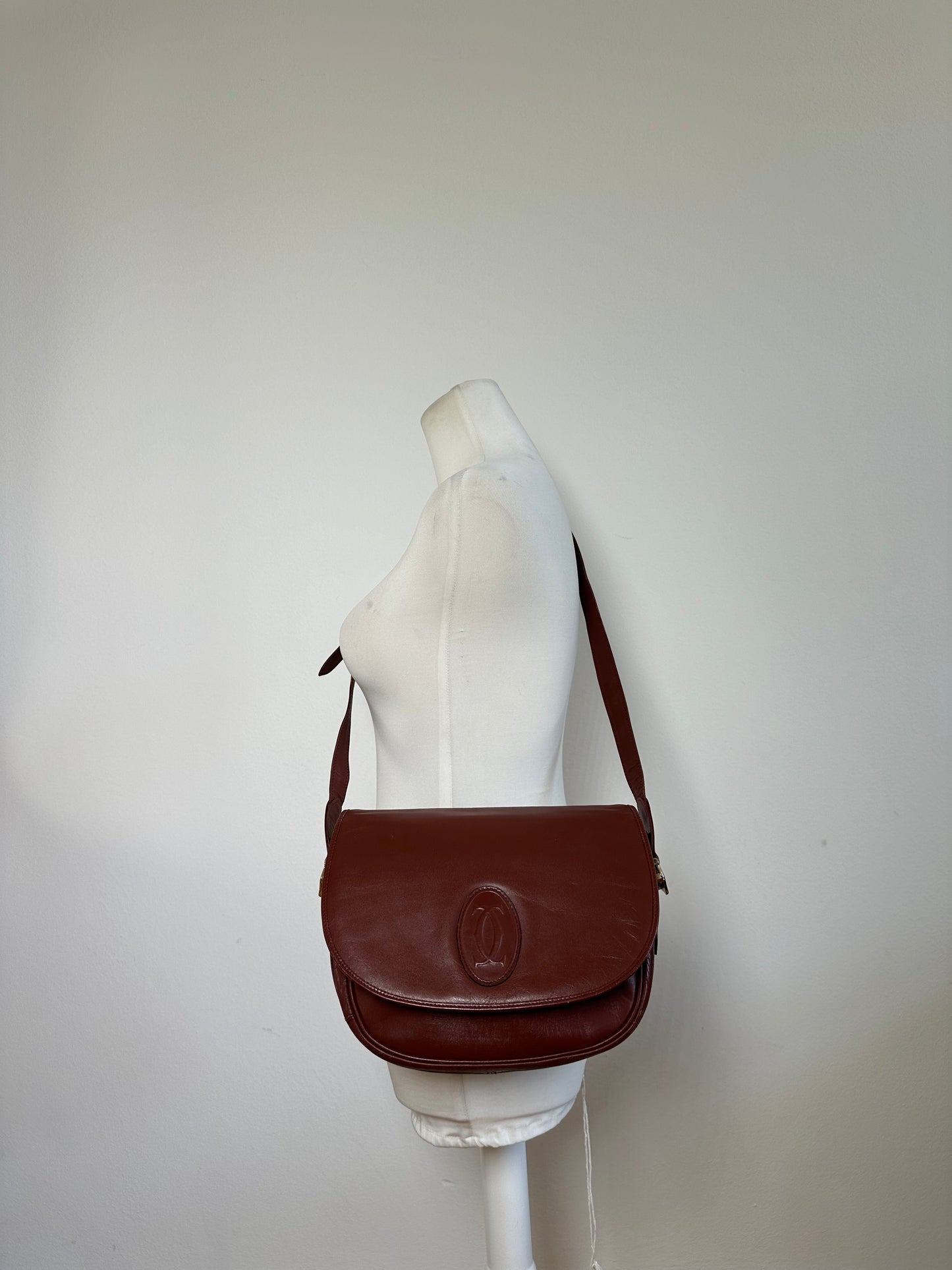 Vintage Cartier Leather Shoulder Bag Burgundy Gold