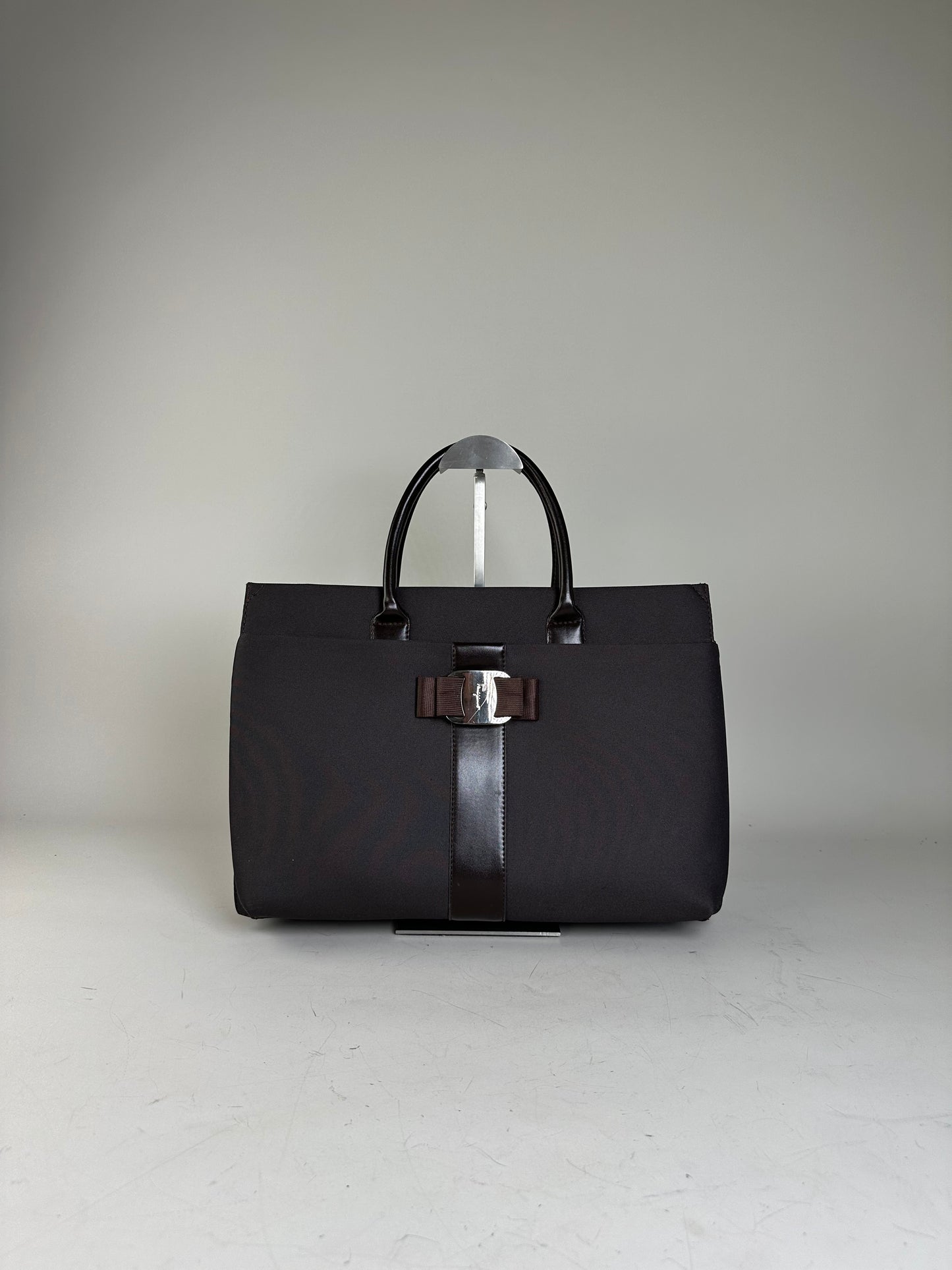 Vintage Ferragamo Nylon Leather Trim Handbag Black Brown
