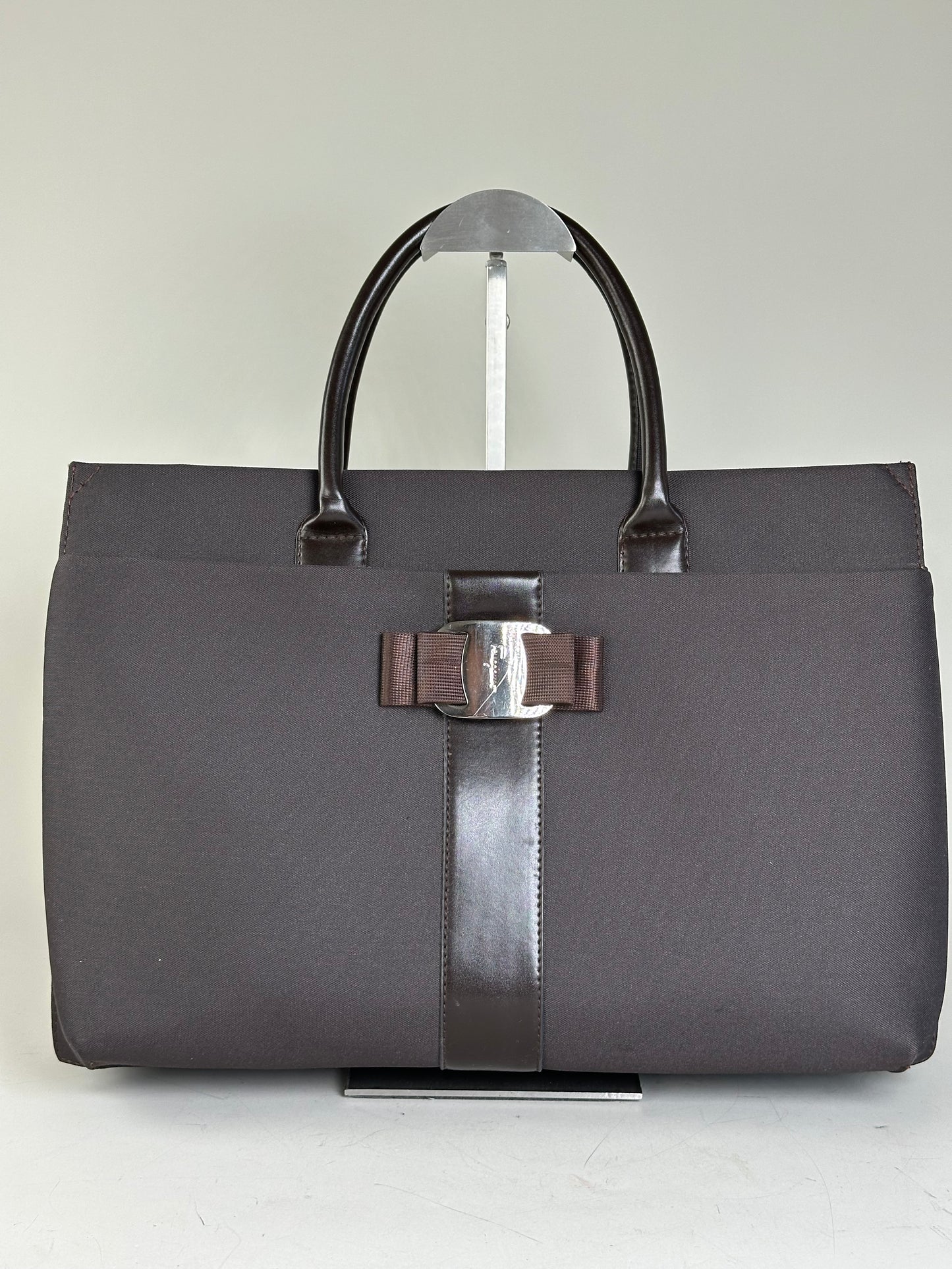 Vintage Ferragamo Nylon Leather Trim Handbag Black Brown
