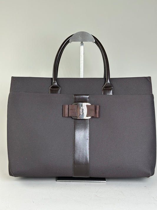 Vintage Ferragamo Nylon Leather Trim Handbag Black Brown