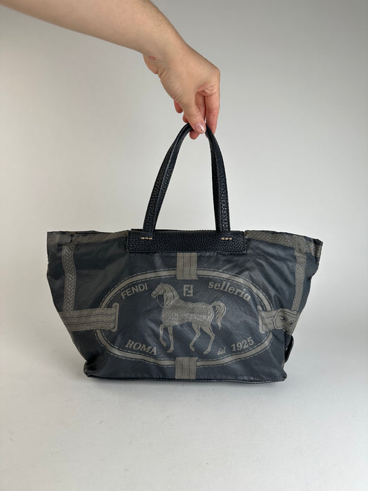 Vintage Fendi Selleria Denim Tote Bag Navy Black Grey