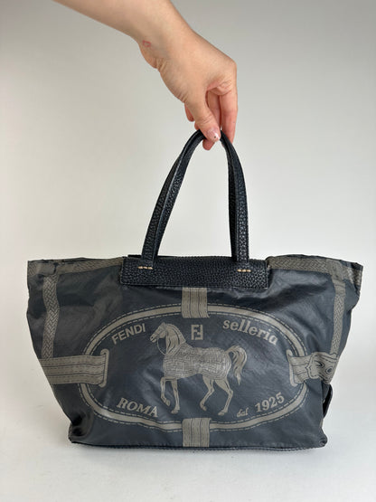 Vintage Fendi Selleria Denim Tote Bag Navy Black Grey