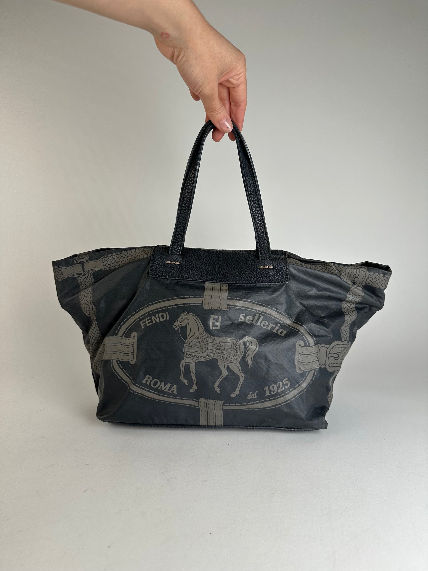 Vintage Fendi Selleria Denim Tote Bag Navy Black Grey