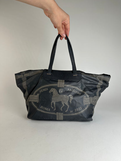 Vintage Fendi Selleria Denim Tote Bag Navy Black Grey