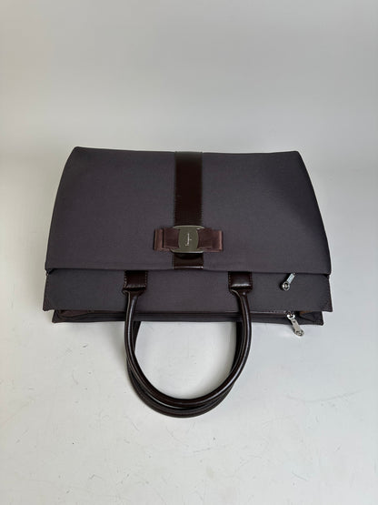 Vintage Ferragamo Nylon Leather Trim Handbag Black Brown