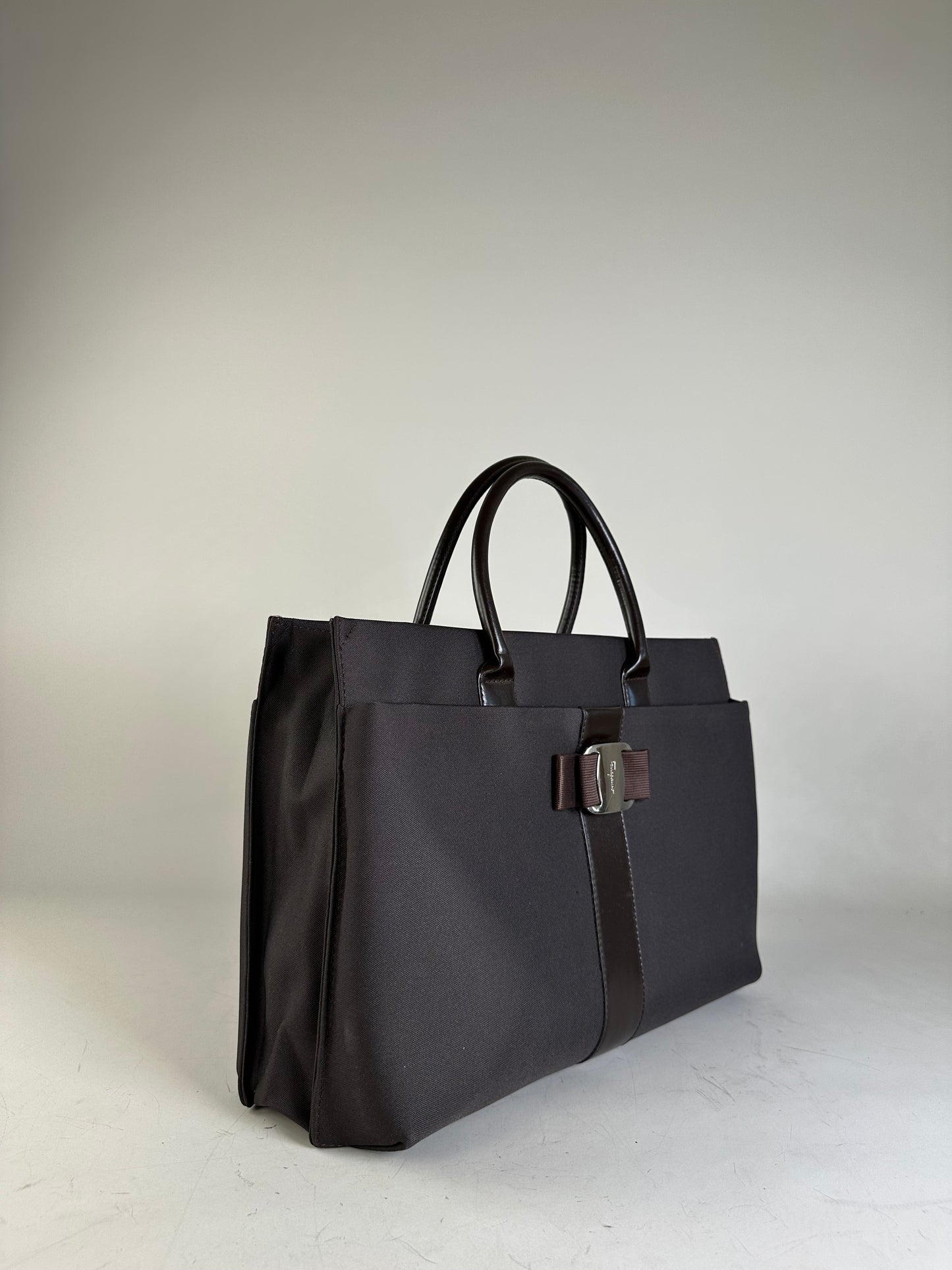 Vintage Ferragamo Nylon Leather Trim Handbag Black Brown