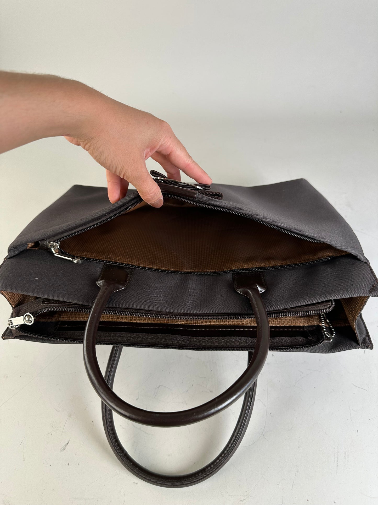 Vintage Ferragamo Nylon Leather Trim Handbag Black Brown