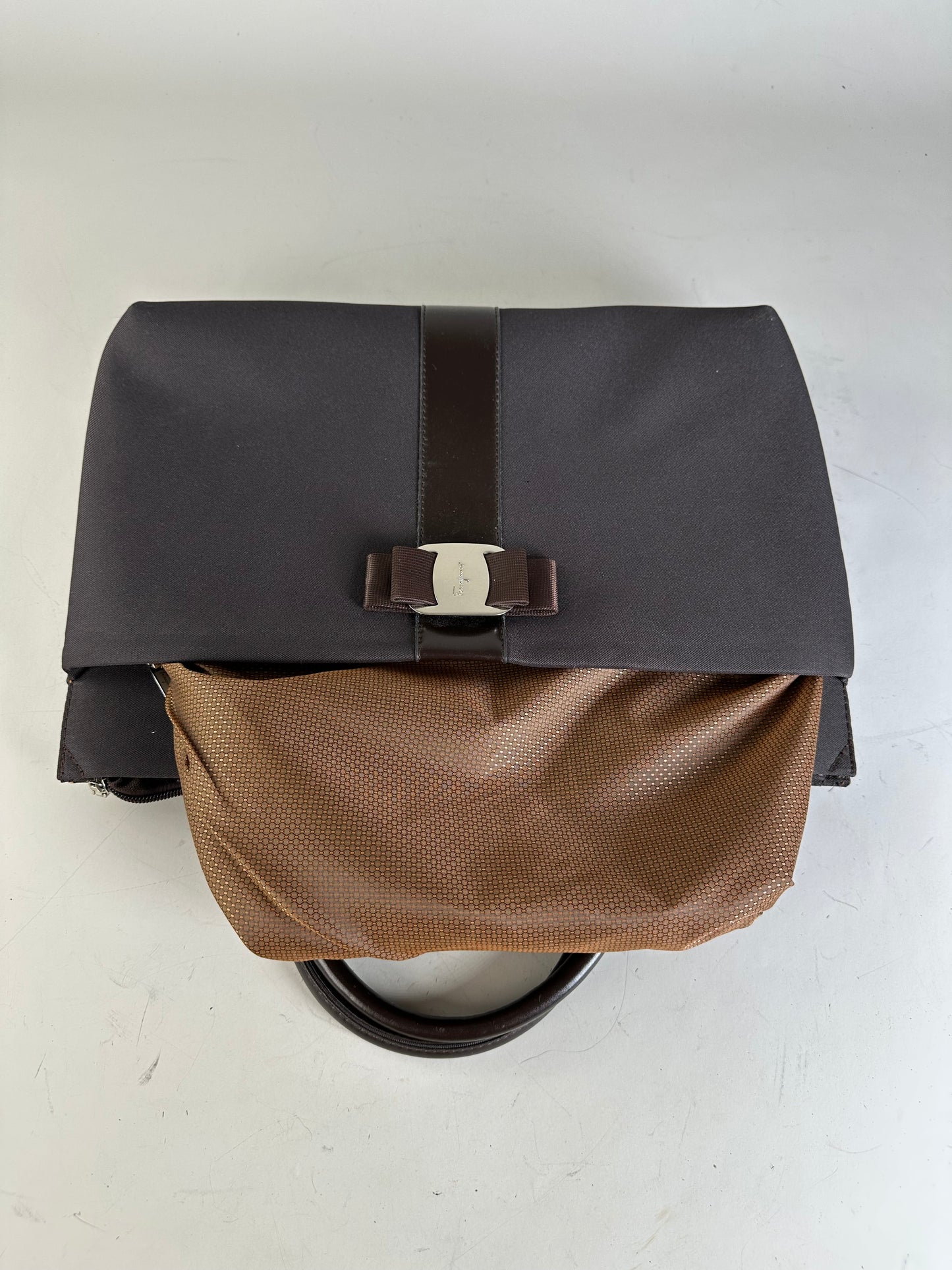 Vintage Ferragamo Nylon Leather Trim Handbag Black Brown