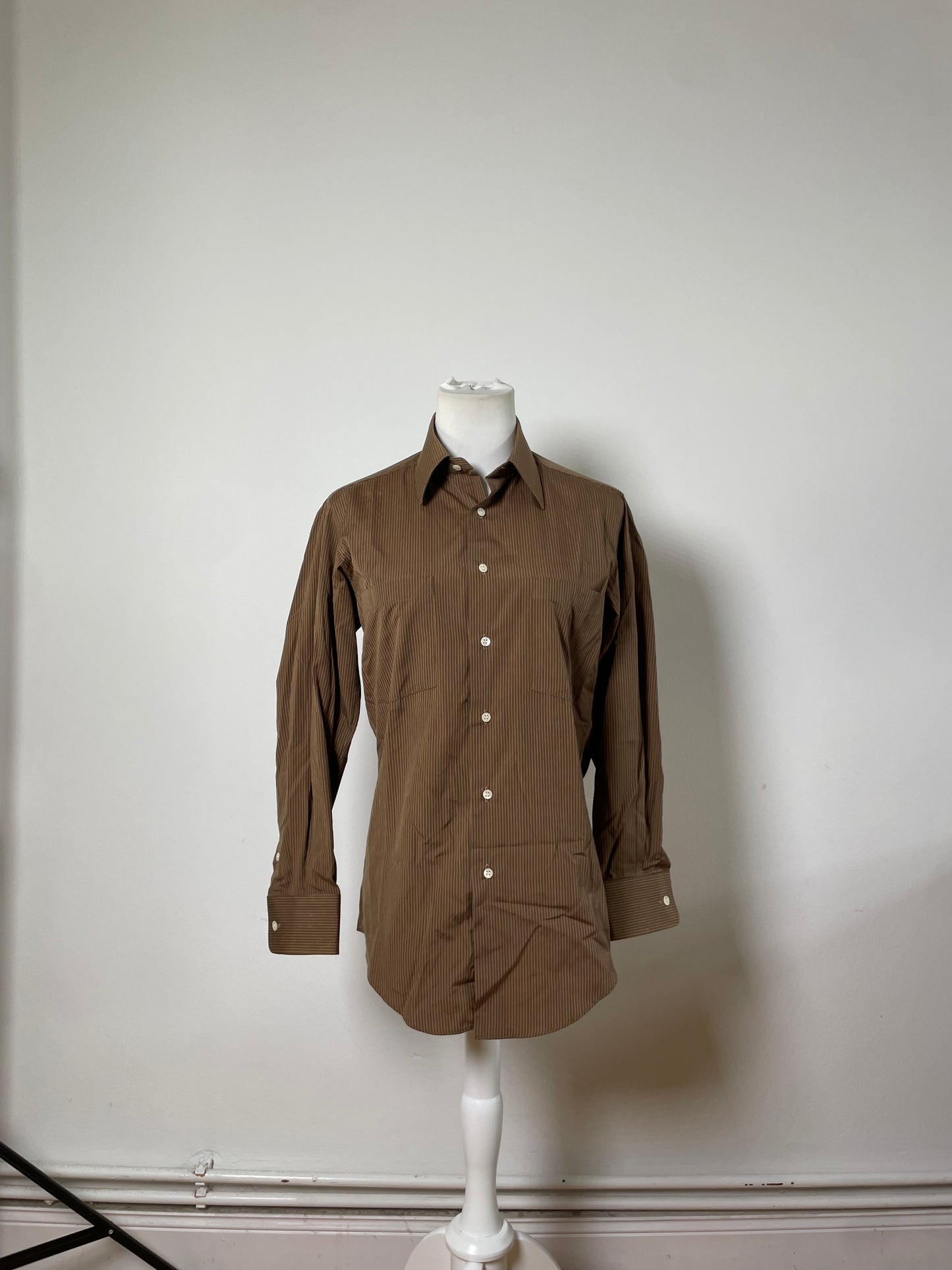 Vintage Saint Laurent Striped Cotton Blend Dress Shirt Brown Cream M