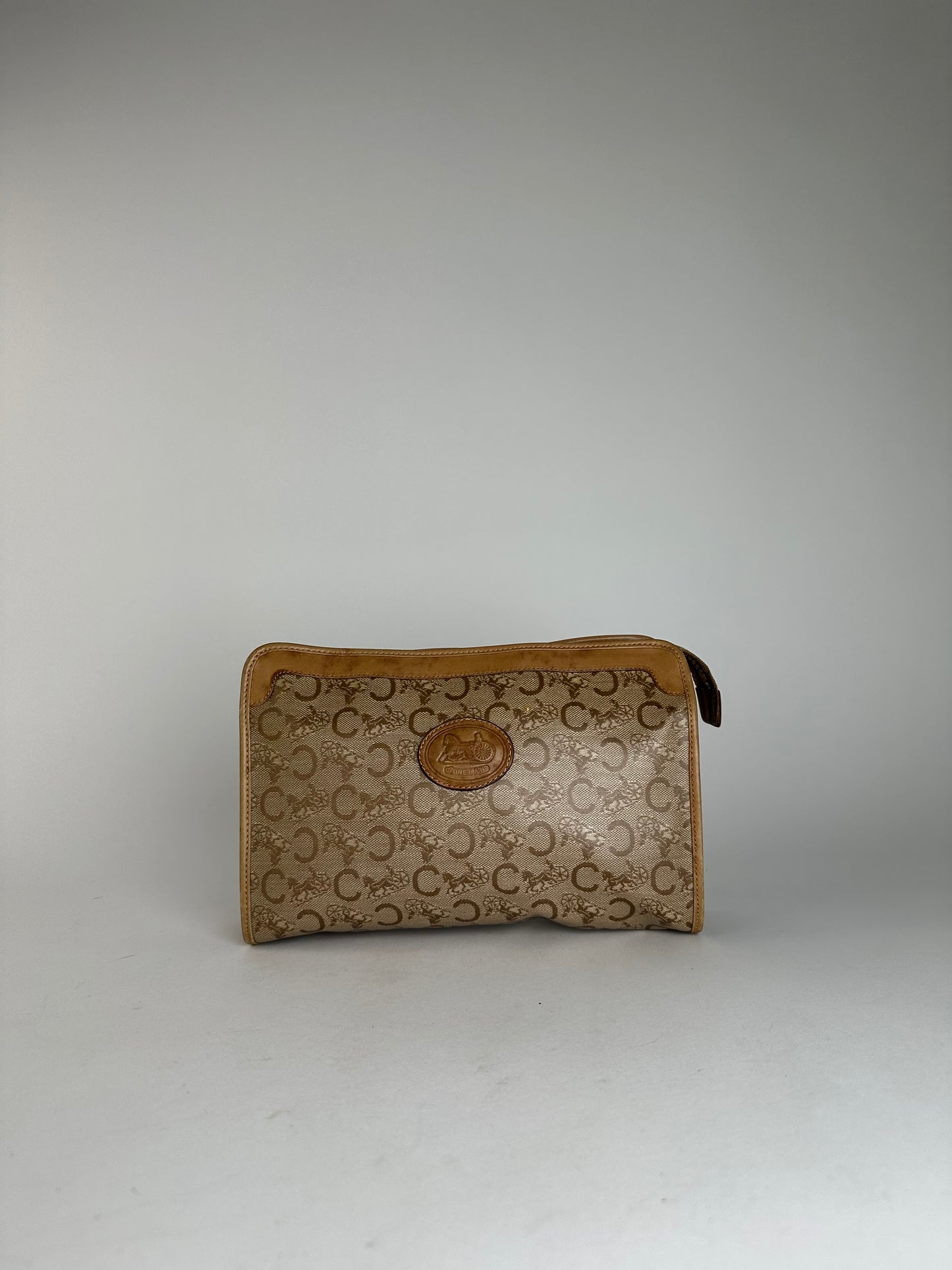 Vintage Celine Paris Triomphe Cariage Logo Leather Clutch Beige Brown