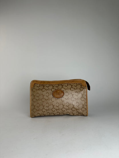 Vintage Celine Paris Triomphe Cariage Logo Leather Clutch Beige Brown