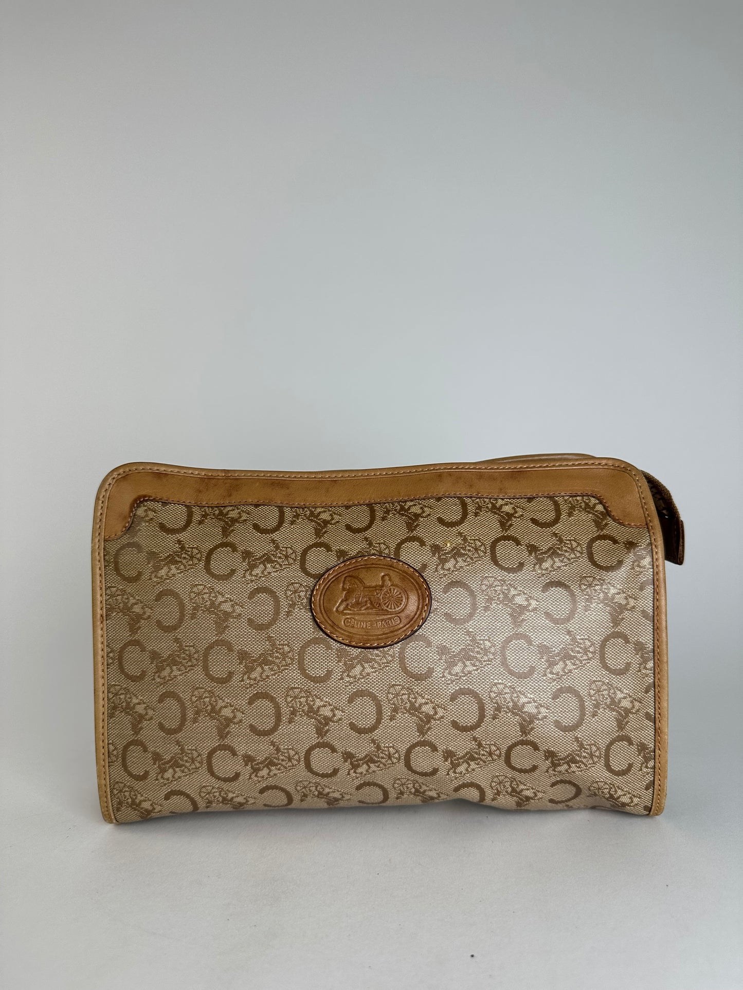 Vintage Celine Paris Triomphe Cariage Logo Leather Clutch Beige Brown