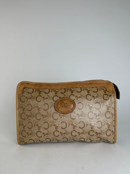 Vintage Celine Paris Triomphe Cariage Logo Leather Clutch Beige Brown