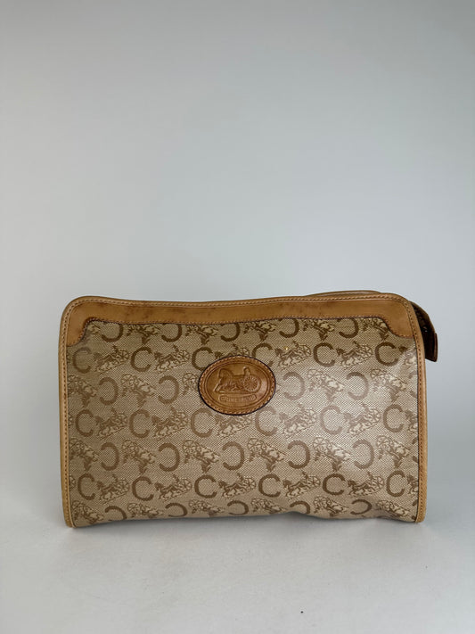 Vintage Celine Paris Triomphe Cariage Logo Leather Clutch Beige Brown