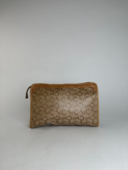 Vintage Celine Paris Triomphe Cariage Logo Leather Clutch Beige Brown
