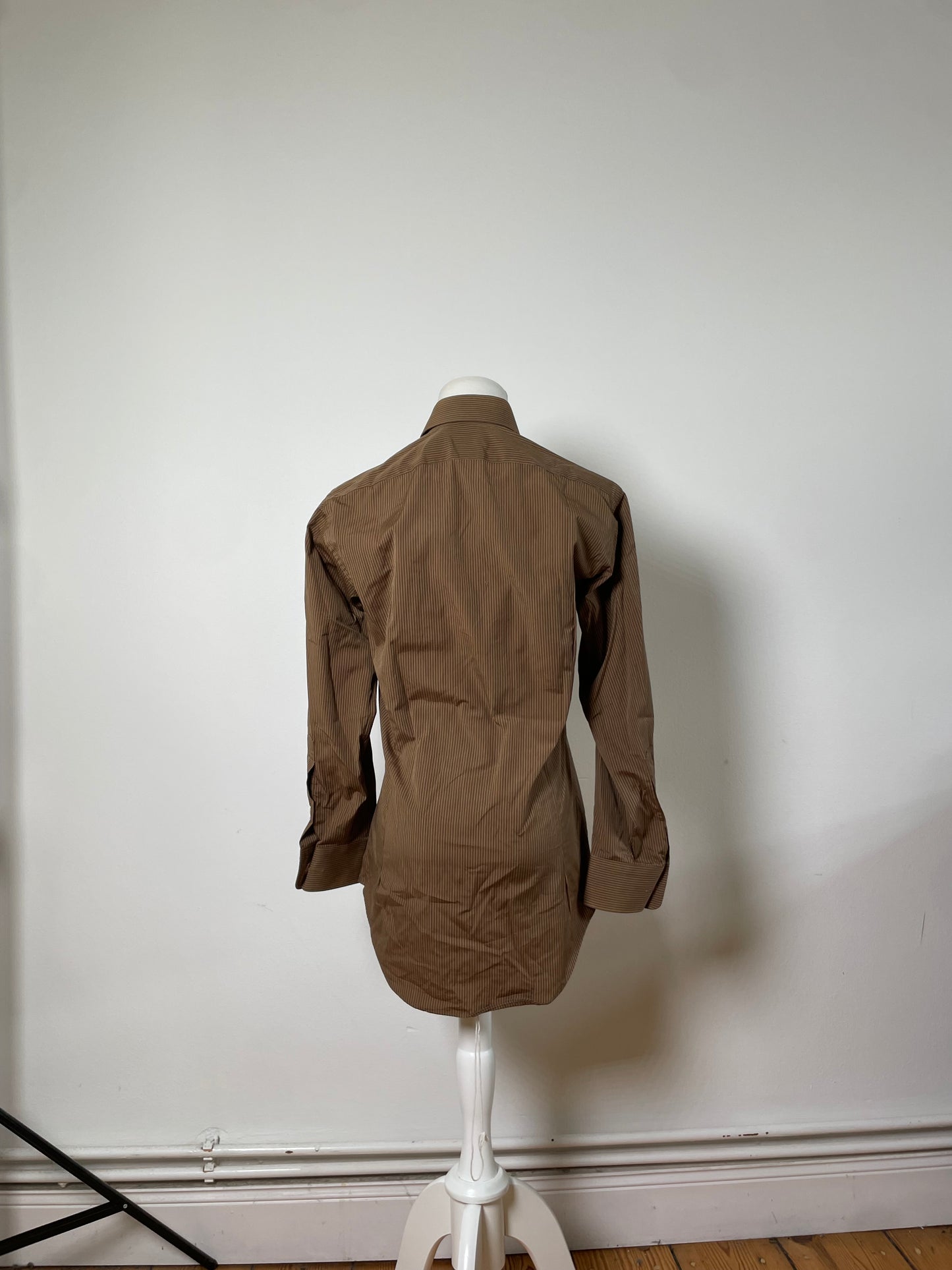 Vintage Saint Laurent Striped Cotton Blend Dress Shirt Brown Cream M