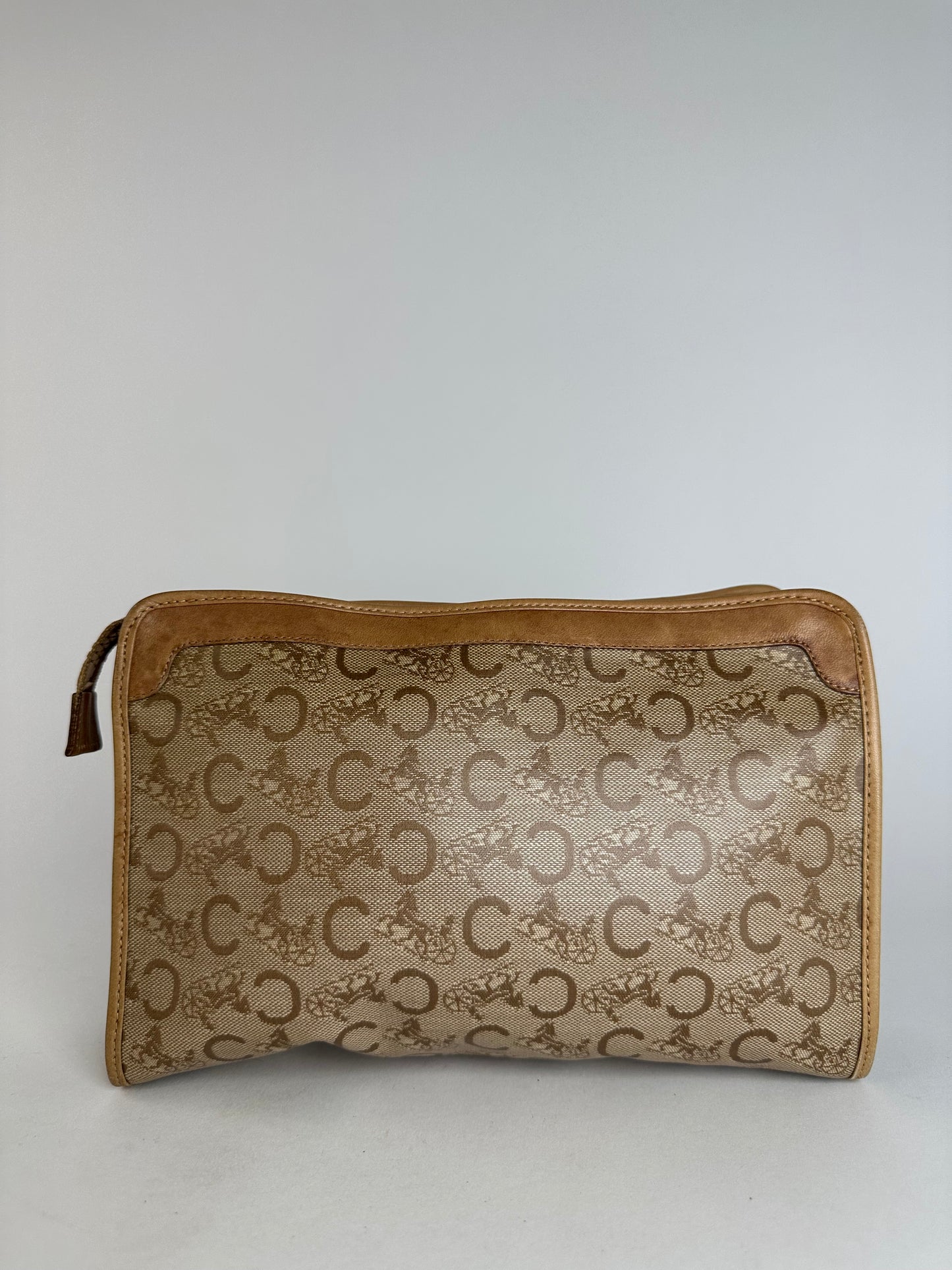 Vintage Celine Paris Triomphe Cariage Logo Leather Clutch Beige Brown