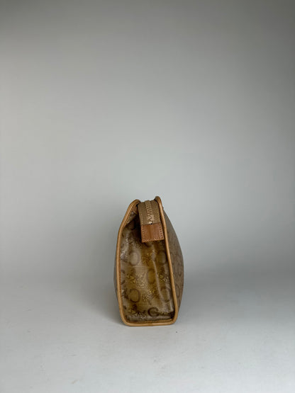Vintage Celine Paris Triomphe Cariage Logo Leather Clutch Beige Brown