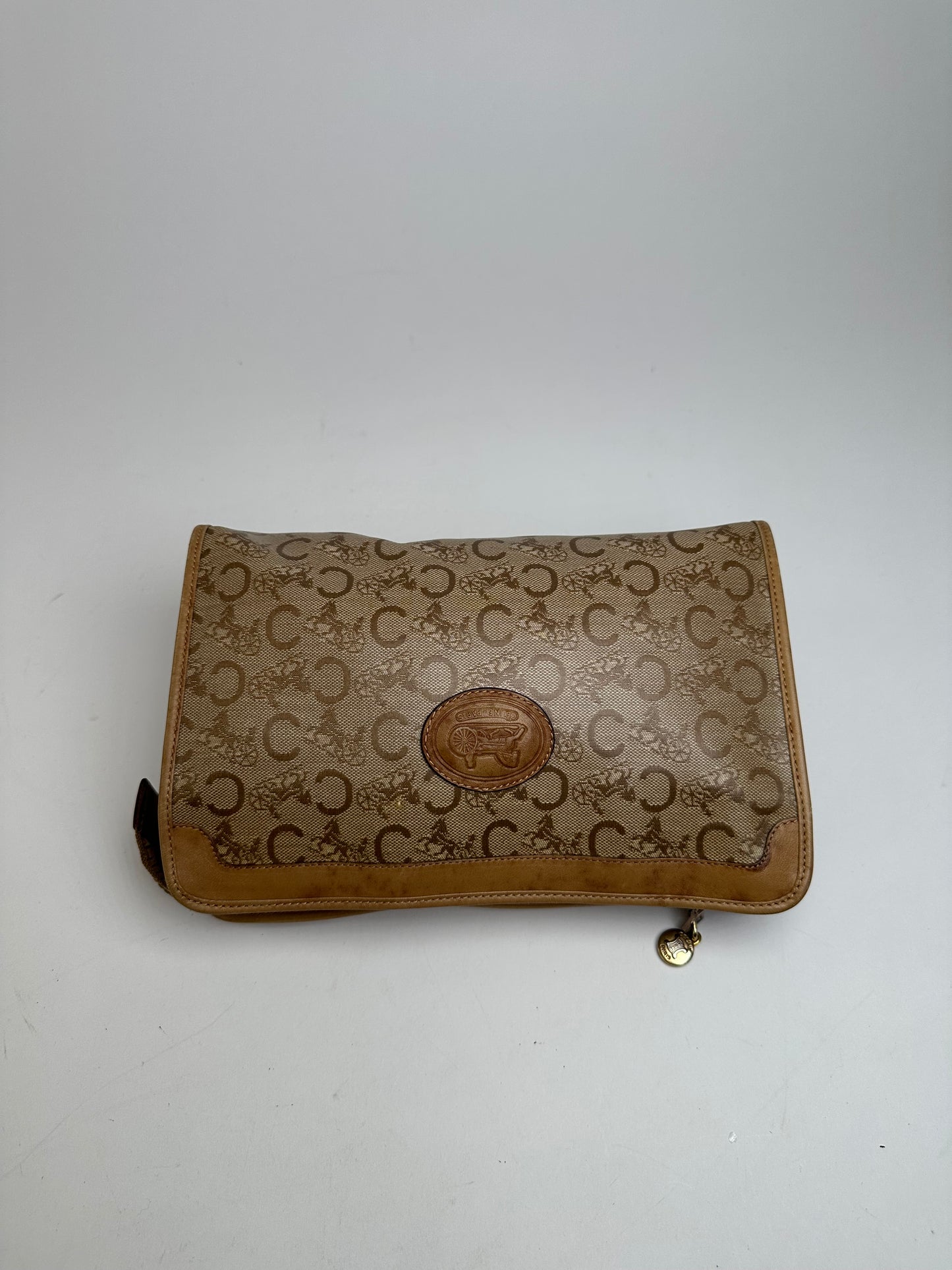 Vintage Celine Paris Triomphe Cariage Logo Leather Clutch Beige Brown