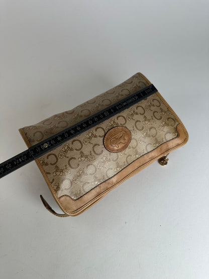 Vintage Celine Paris Triomphe Cariage Logo Leather Clutch Beige Brown