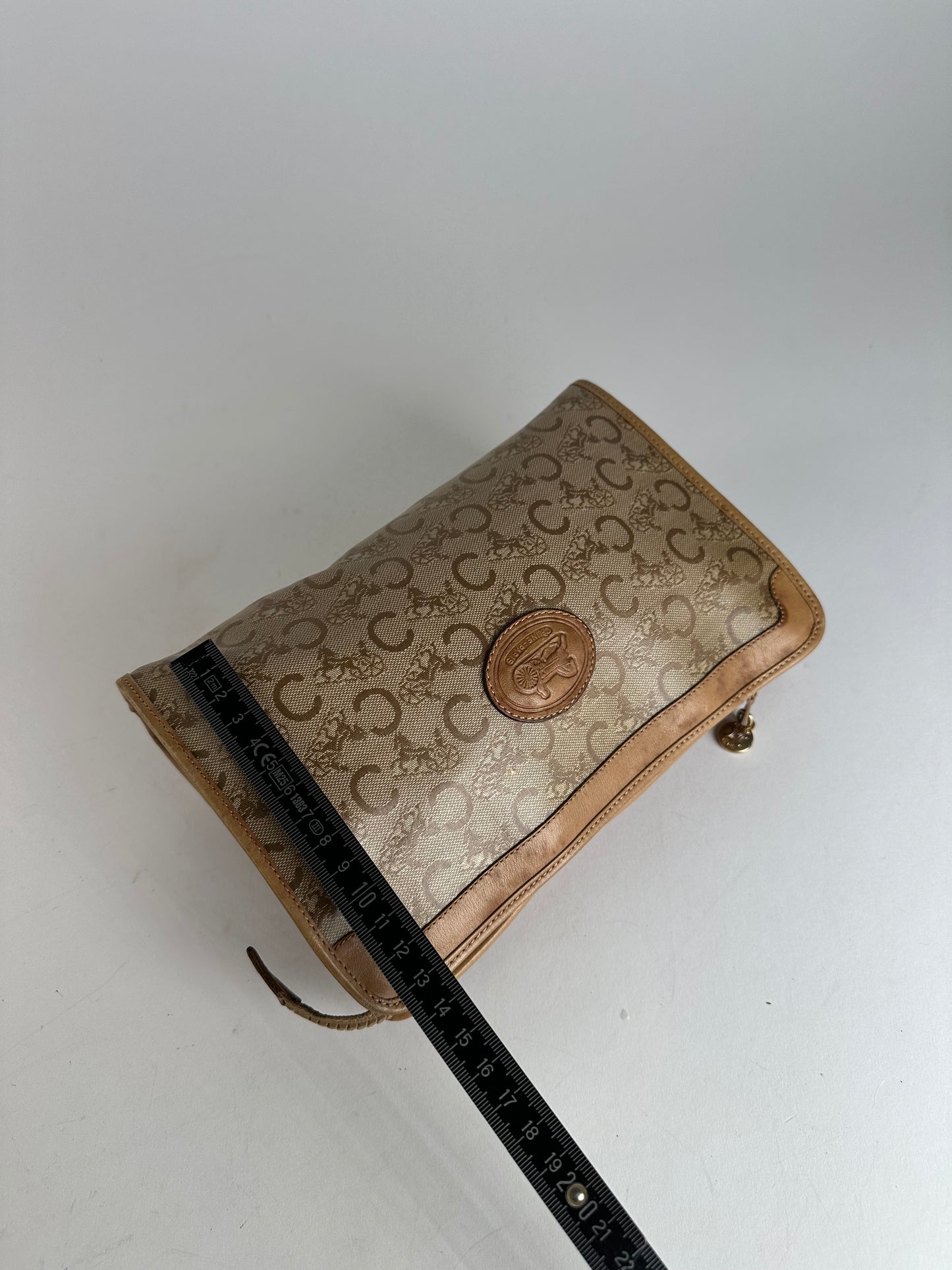 Vintage Celine Paris Triomphe Cariage Logo Leather Clutch Beige Brown