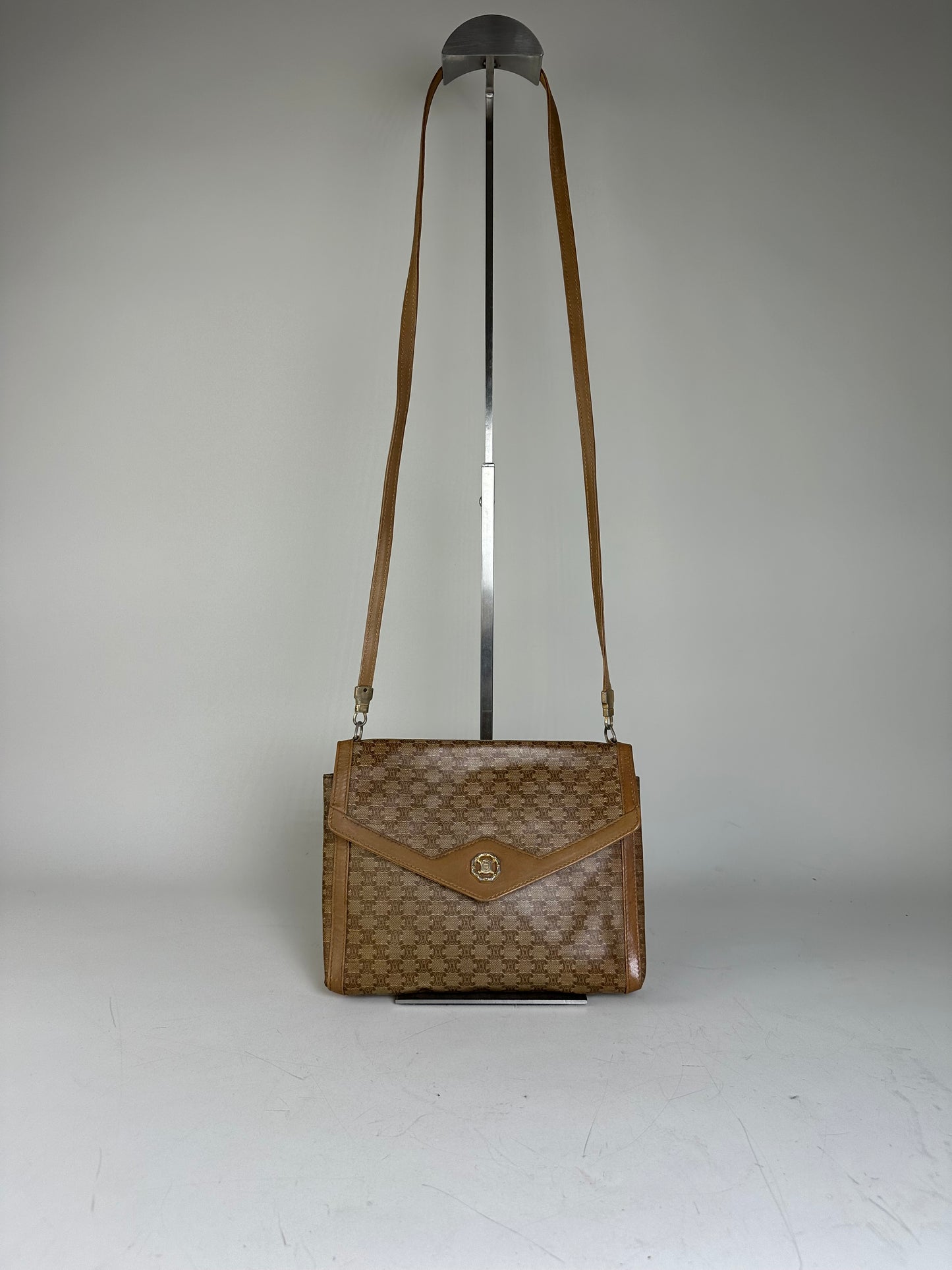 Vintage Celine GG Monogram Canvas Shoulder Bag Tan Brown