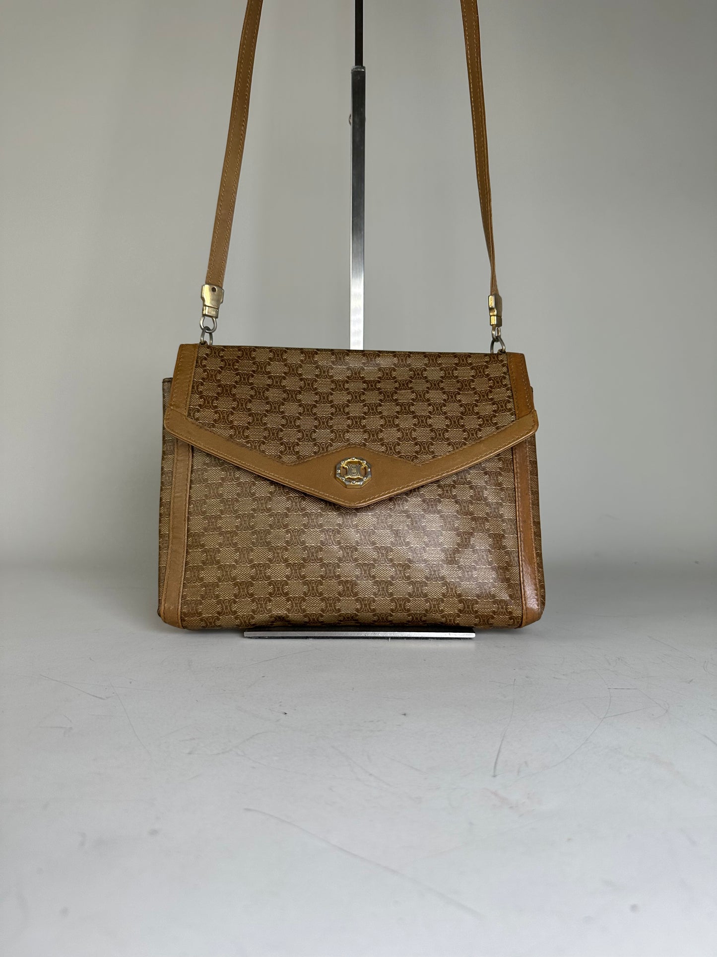 Vintage Celine GG Monogram Canvas Shoulder Bag Tan Brown