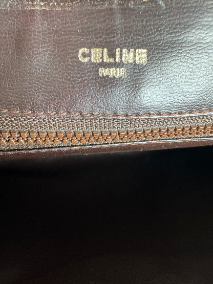 Vintage Celine Paris Triomphe Cariage Logo Leather Clutch Beige Brown