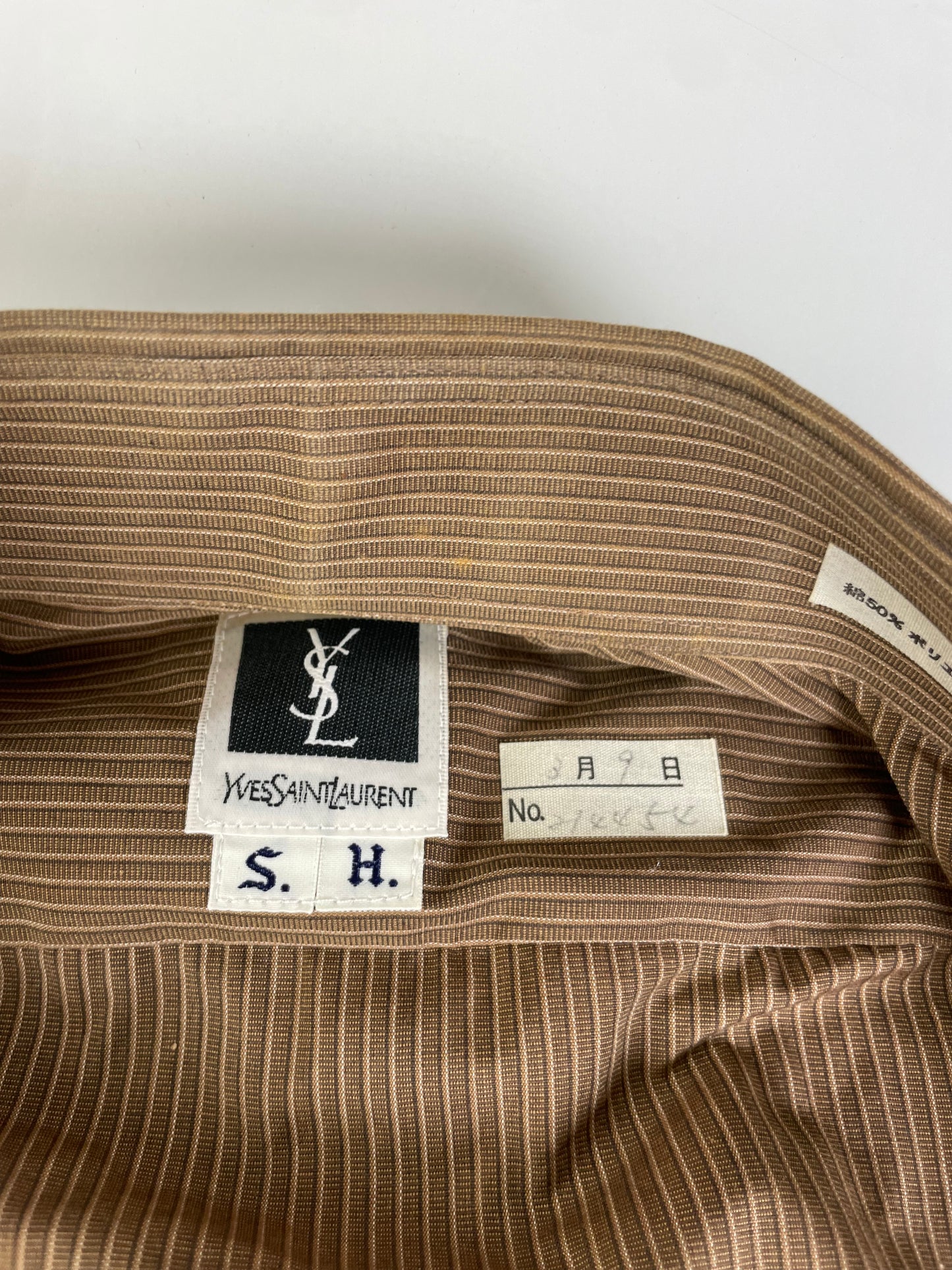 Vintage Saint Laurent Striped Cotton Blend Dress Shirt Brown Cream M