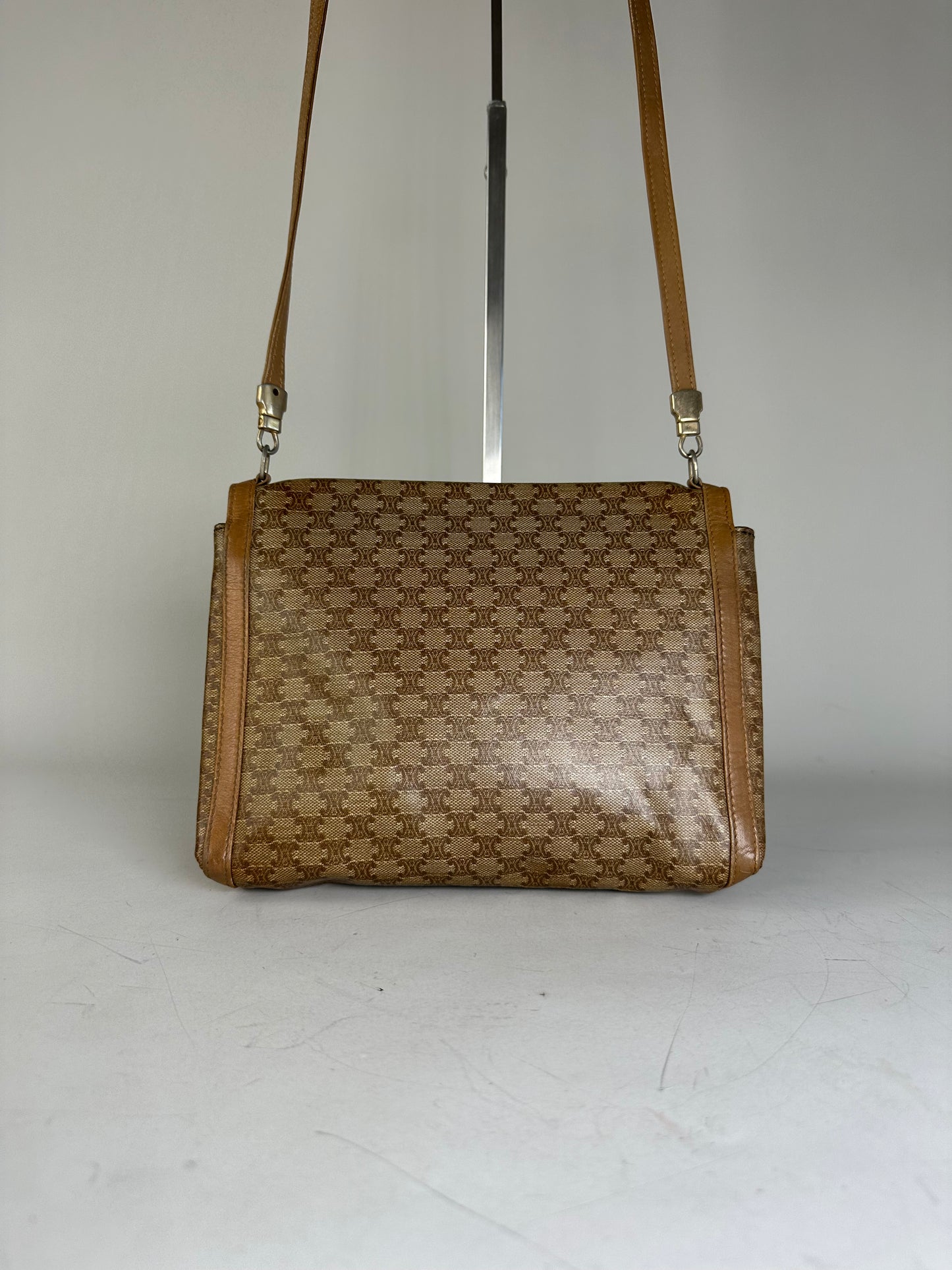 Vintage Celine GG Monogram Canvas Shoulder Bag Tan Brown