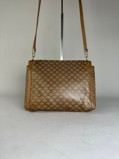 Vintage Celine GG Monogram Canvas Shoulder Bag Tan Brown