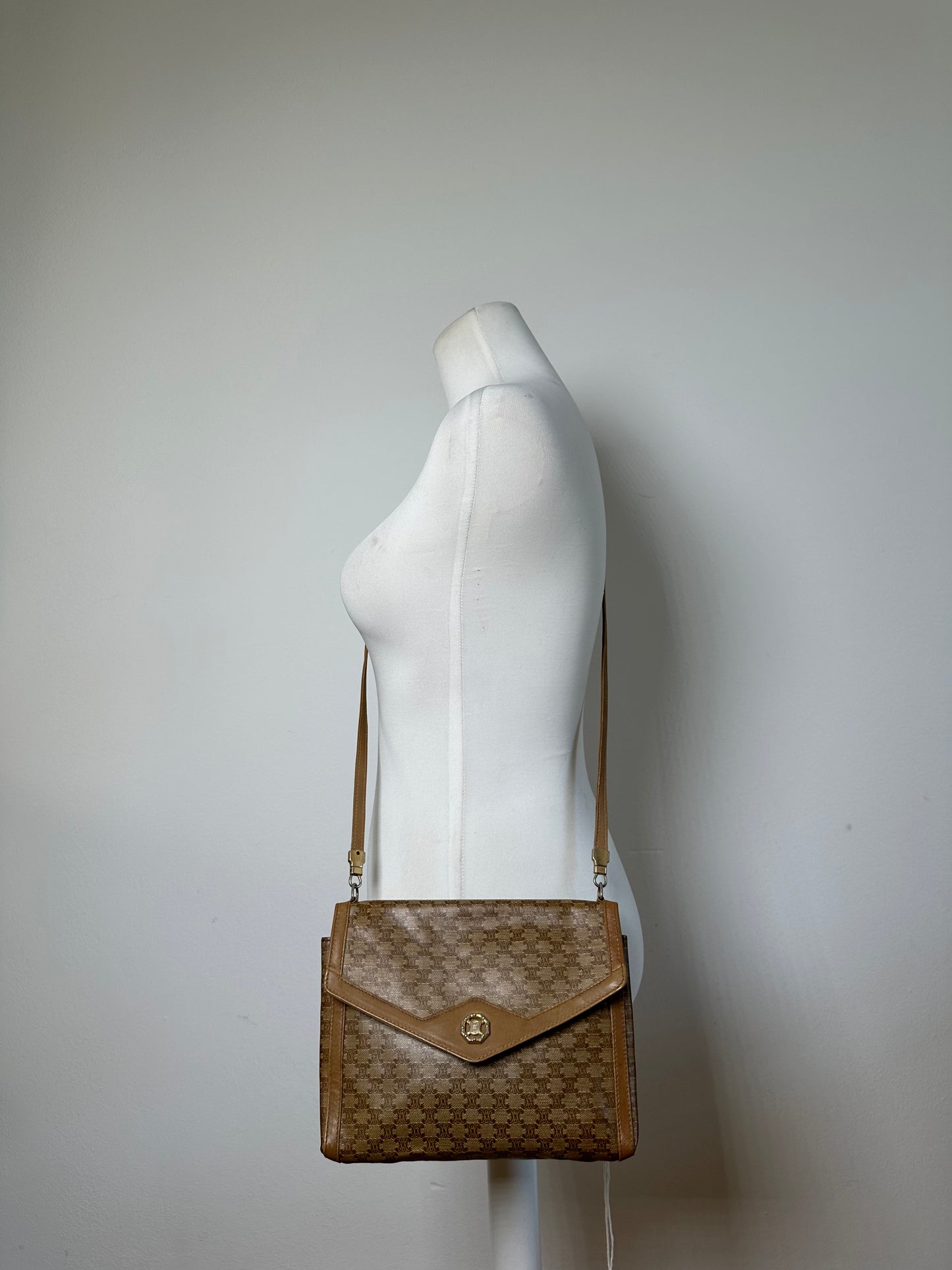 Vintage Celine GG Monogram Canvas Shoulder Bag Tan Brown